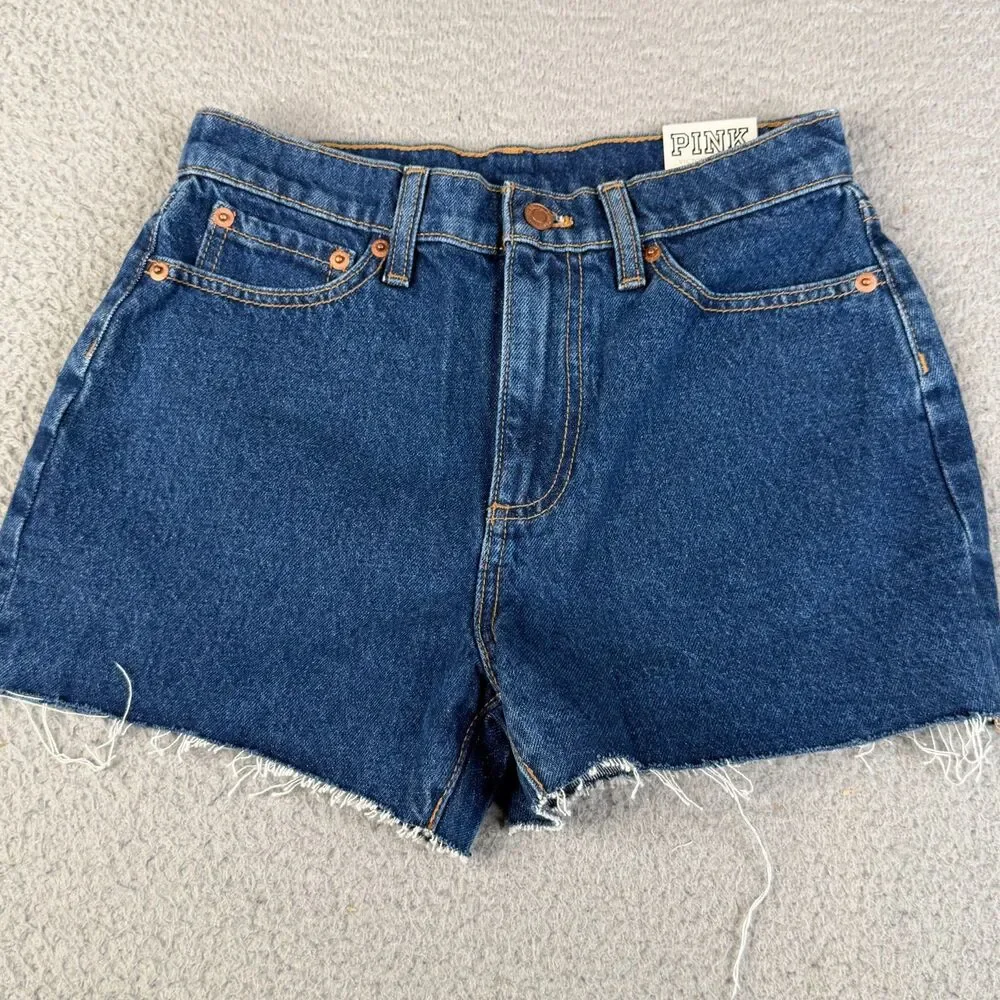 VICTORIA'S SECRET Pink Cut Off Short Women 25 Blue Denim High Rise Zip Fly Booty